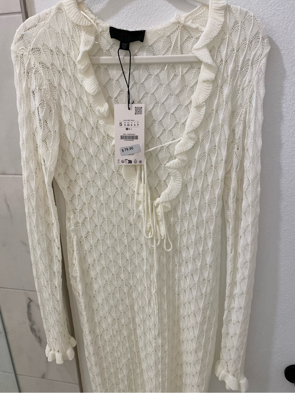 Zara NWT White Pointelle Knit Long-Sleeve Swim Coverup Size Small